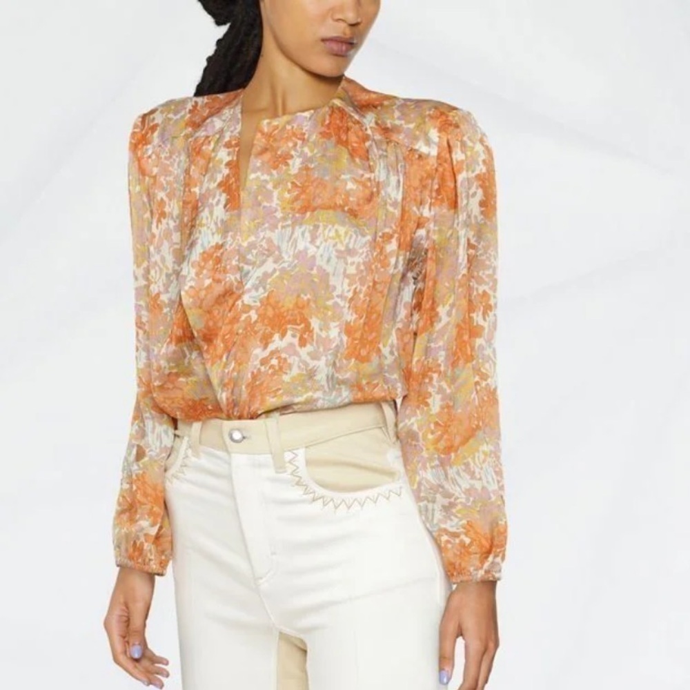 VINCE Silk Floral Print Long Sleeve Blouse Orange Fantasy Small - Picture 4 of 15